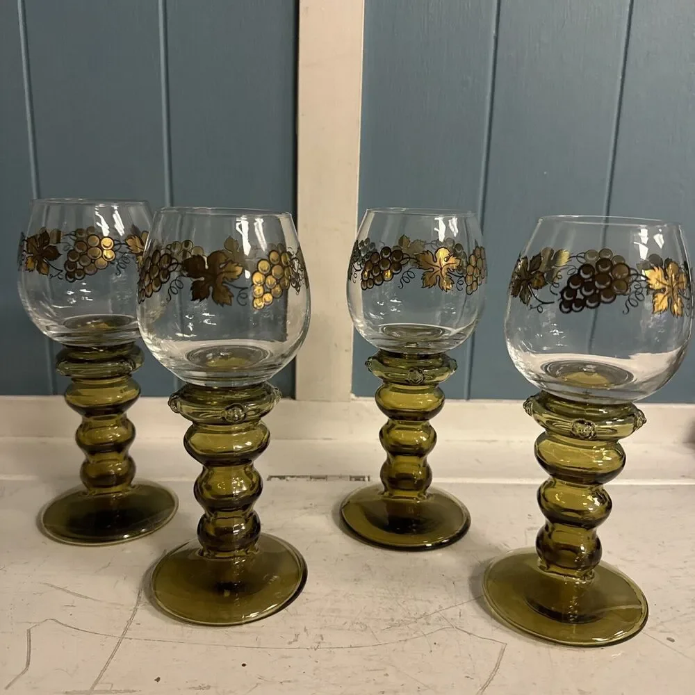 4 Gilded German Roemer Antique 7” Wine Glasses W/ Prunts Olive Green Bubble Stem